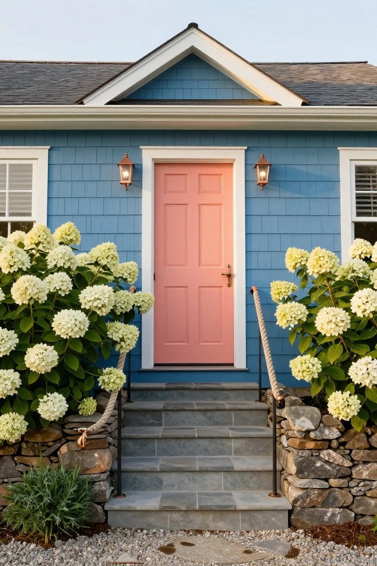 Blue shingled house exterior featuring a pink six-panel front door flanked by large white hydrangea bushes, with stone steps, rope handrails on rock walls, and lanterns on either side.