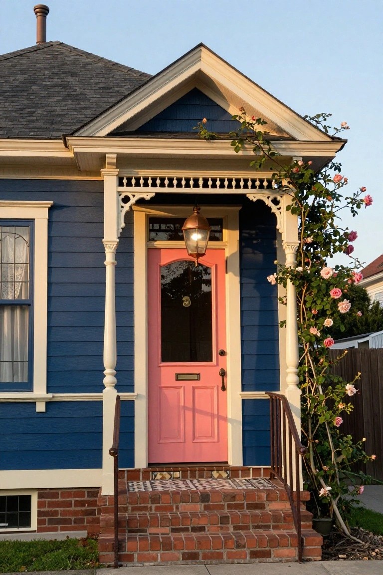 Navy blue house with white trim, gabled porch supported by columns, pink front door with glass upper panel and brass lantern light, climbing pink roses on the porch, brick steps, and adjacent white fence.