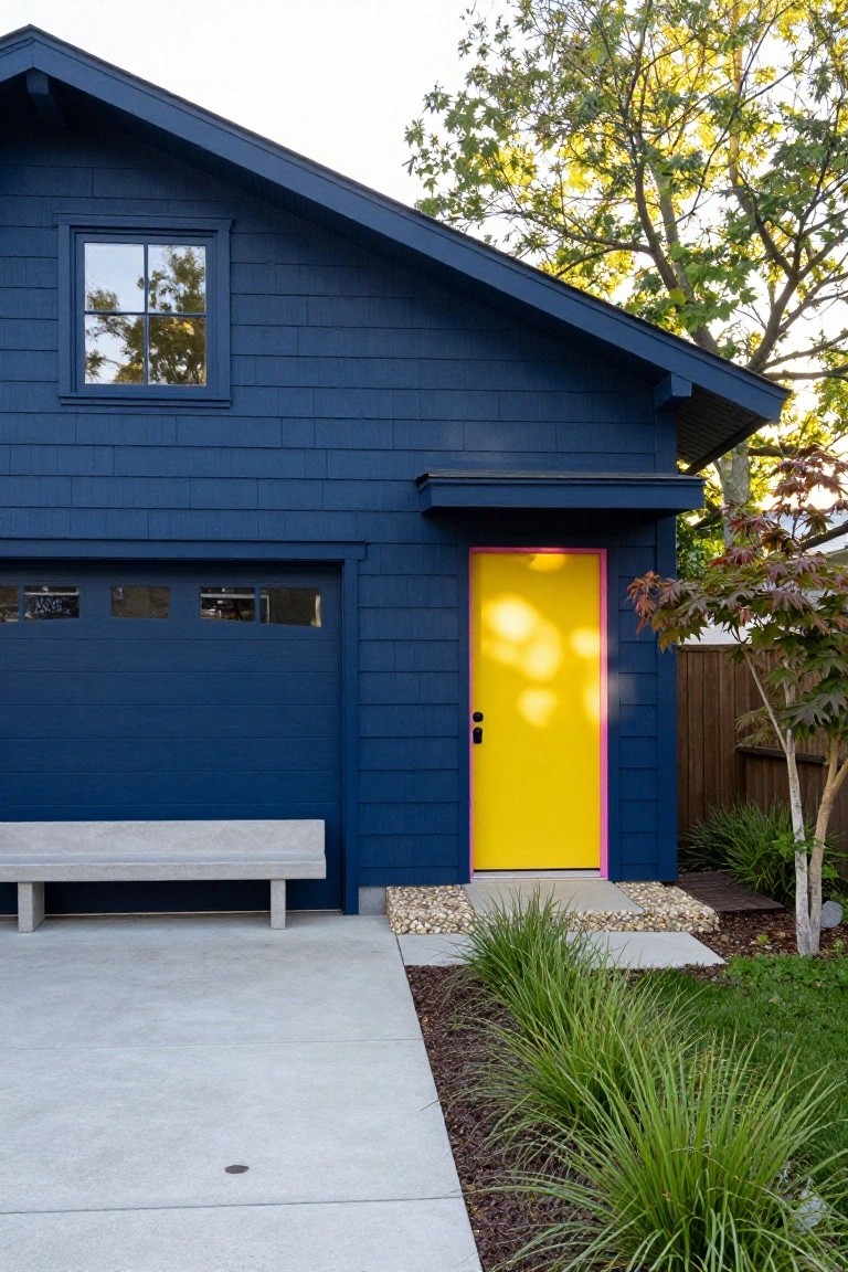 Navy blue shingle siding on a sloped-roof garage and entry structure with yellow door framed in pink, concrete bench nearby, gravel path, and grasses along a concrete driveway.