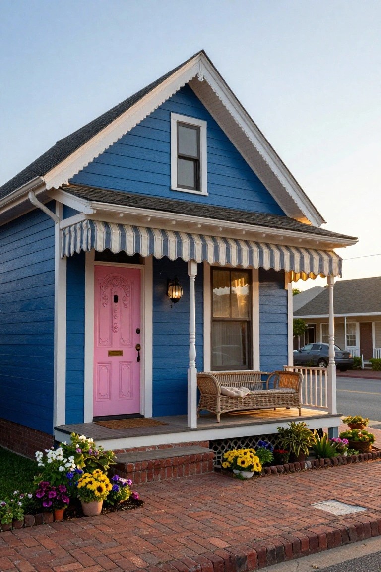Small blue clapboard house with pink front door, white trim, striped awning over porch with wicker chairs and cushions, flower pots and plants along brick walkway.