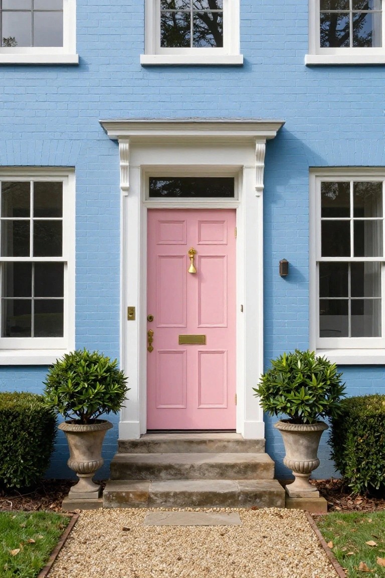 Pink Door on Blue Brick House
