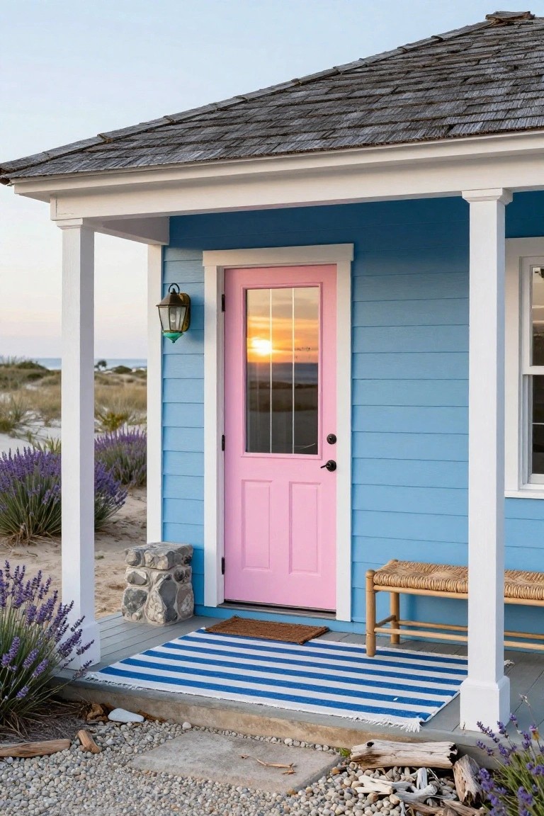 Light blue clapboard house with pink double front door featuring glass panels, white porch columns and trim, lantern light, wicker bench, blue-striped rug, lavender plants, gravel ground, and distant beach dunes at sunset.