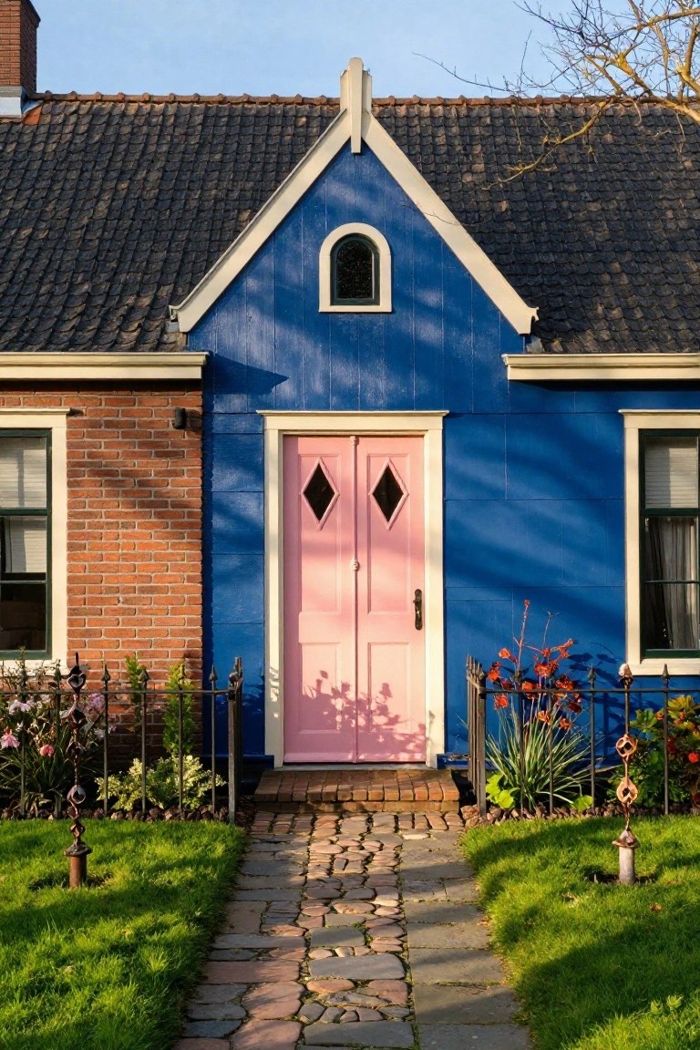 Blue wooden house with gabled roof, pink double front door featuring diamond-shaped glass panels, brick side walls, wrought iron garden fence, flower beds, and cobblestone pathway.