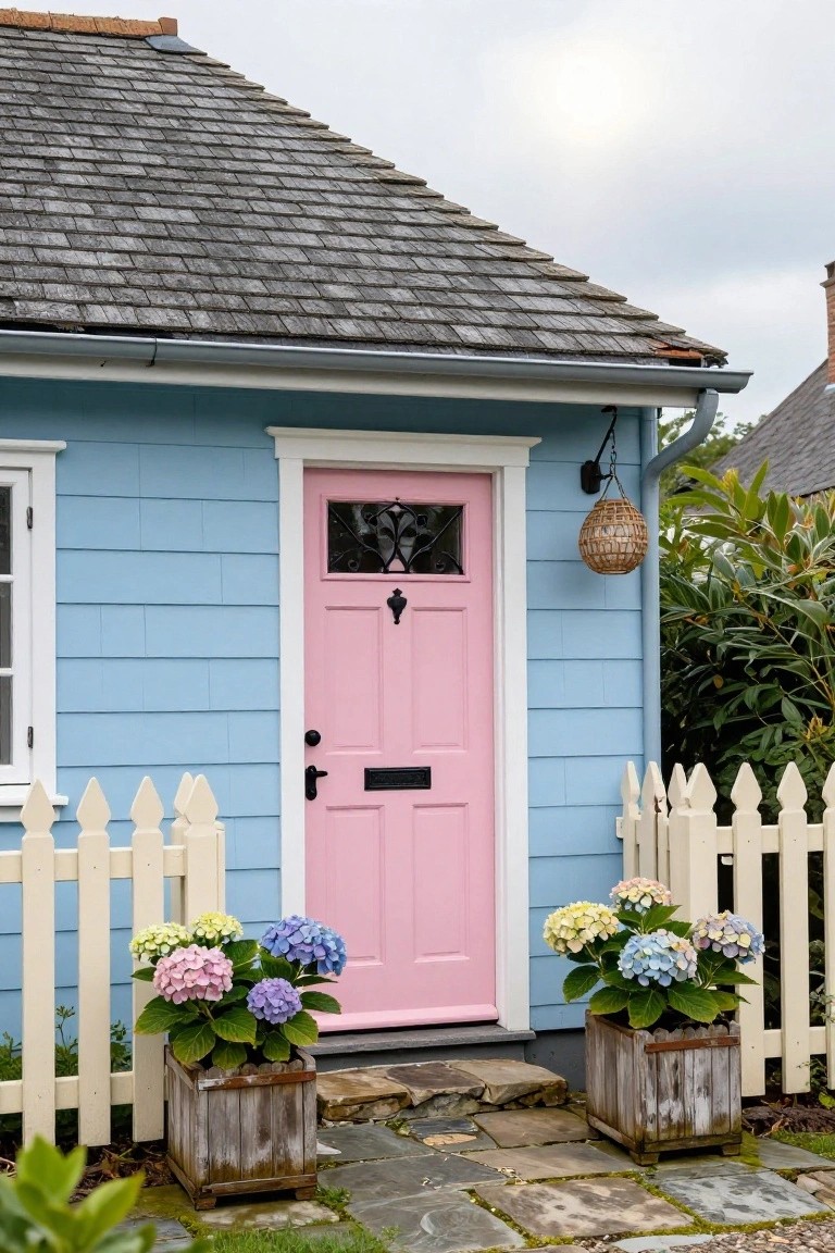 Light blue clapboard house with pink front door, white trim, potted hydrangeas flanking stone steps, white picket fence, and woven lantern light.