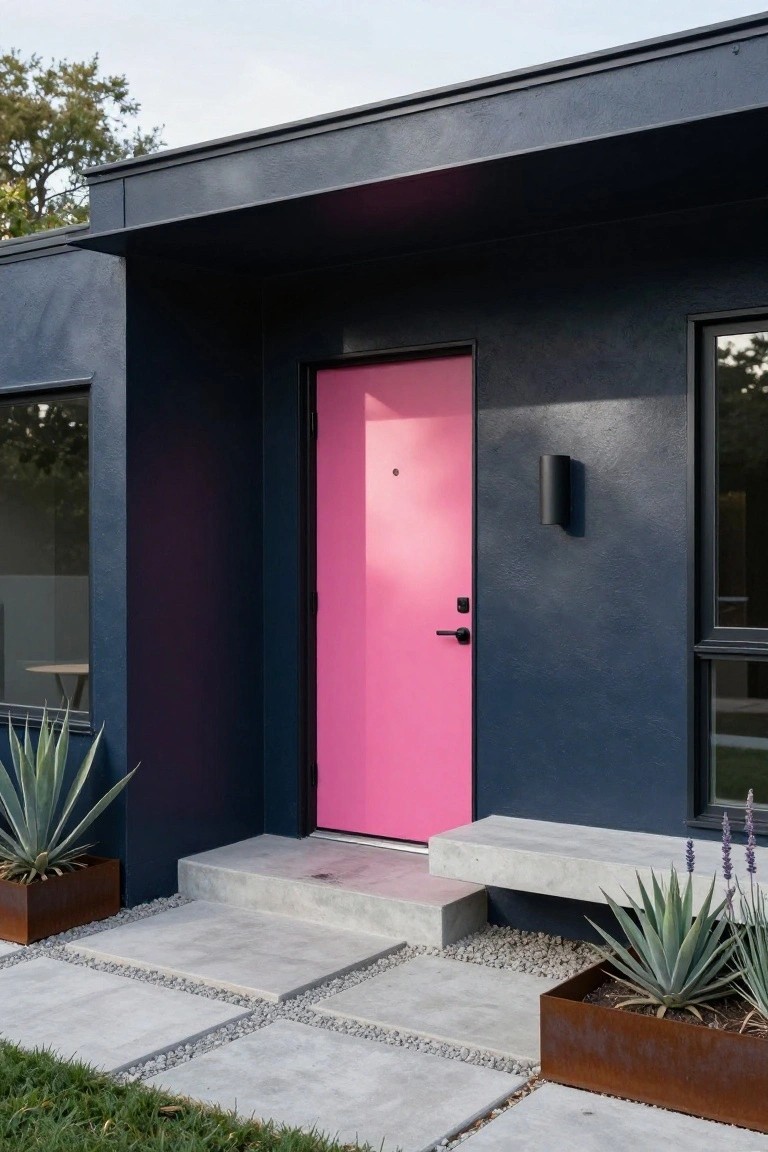 Dark blue modern house exterior with bright pink front door, black-framed windows, wall-mounted light, concrete steps and pathway, and potted agave plants.