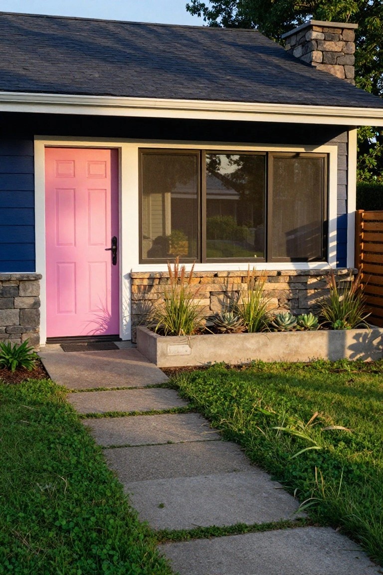 Navy blue house exterior with bright pink front door, large window with screens beside it, raised planter of grasses and succulents, stone pathway, and green lawn.