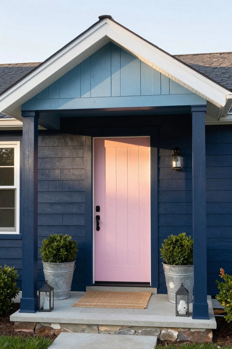 House front porch with navy blue siding and columns, light pink paneled door, white trim, potted boxwood shrubs in galvanized buckets, lanterns, seagrass mat, and concrete steps.