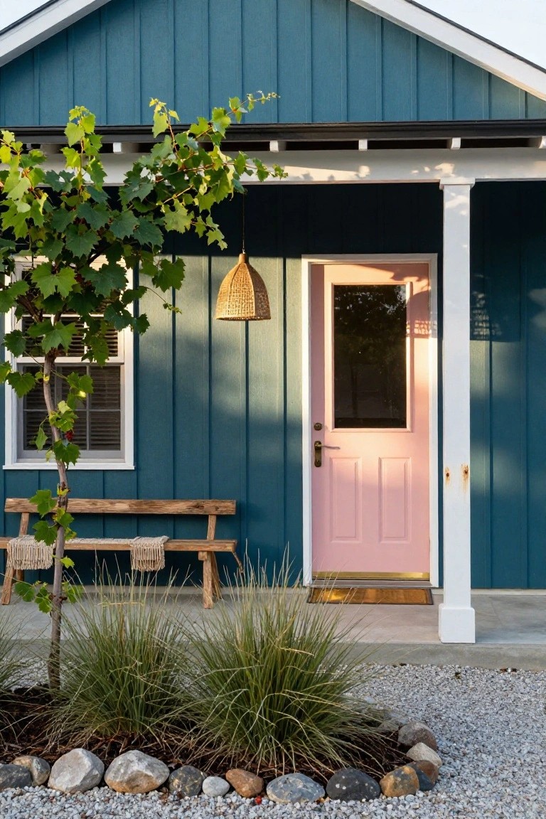 Teal blue vertical board and batten house exterior with pink paneled front door featuring glass upper panel, white porch column, hanging braided lantern, wooden bench with cushions and pillows, grapevine tree, grasses, rocks, and gravel landscaping.