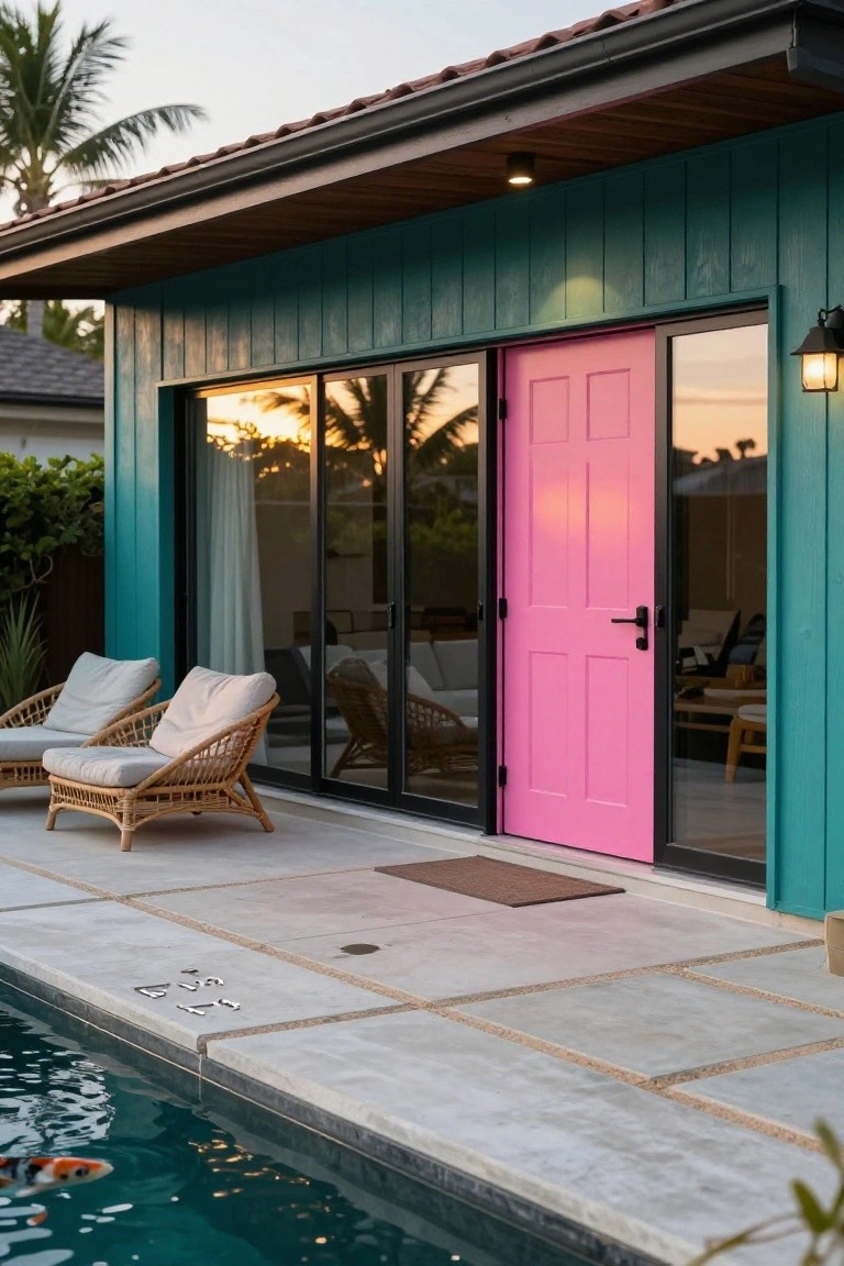 Teal vertical board-and-batten house exterior with a pink paneled door, black-framed sliding glass doors, two rattan chairs on a concrete patio beside a pool containing koi fish.