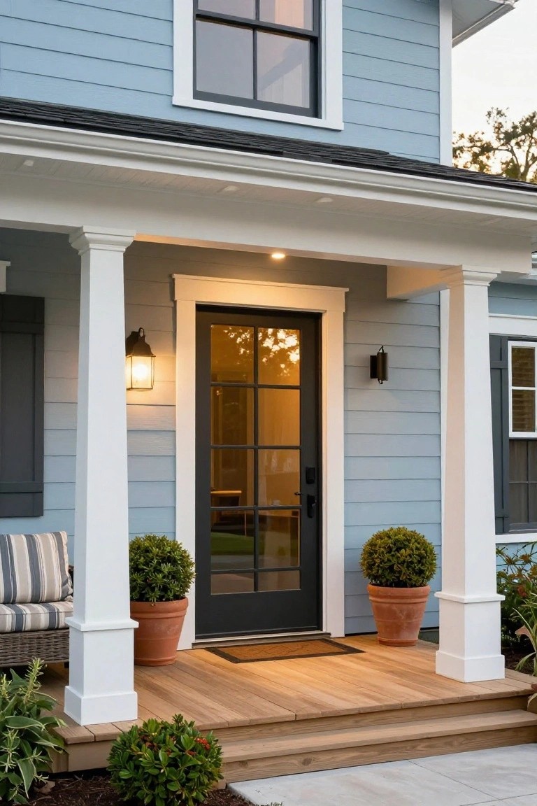 Light blue clapboard house exterior with white porch columns, black framed glass front door, wall lanterns, potted topiary plants, wicker chair, and wooden porch deck.
