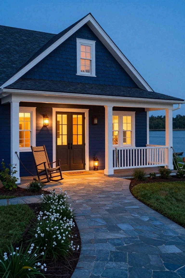 Blue shingled house exterior at dusk with lighted front porch, white columns, double dark wood doors, rocking chair, lanterns, stone walkway, and view of lake.