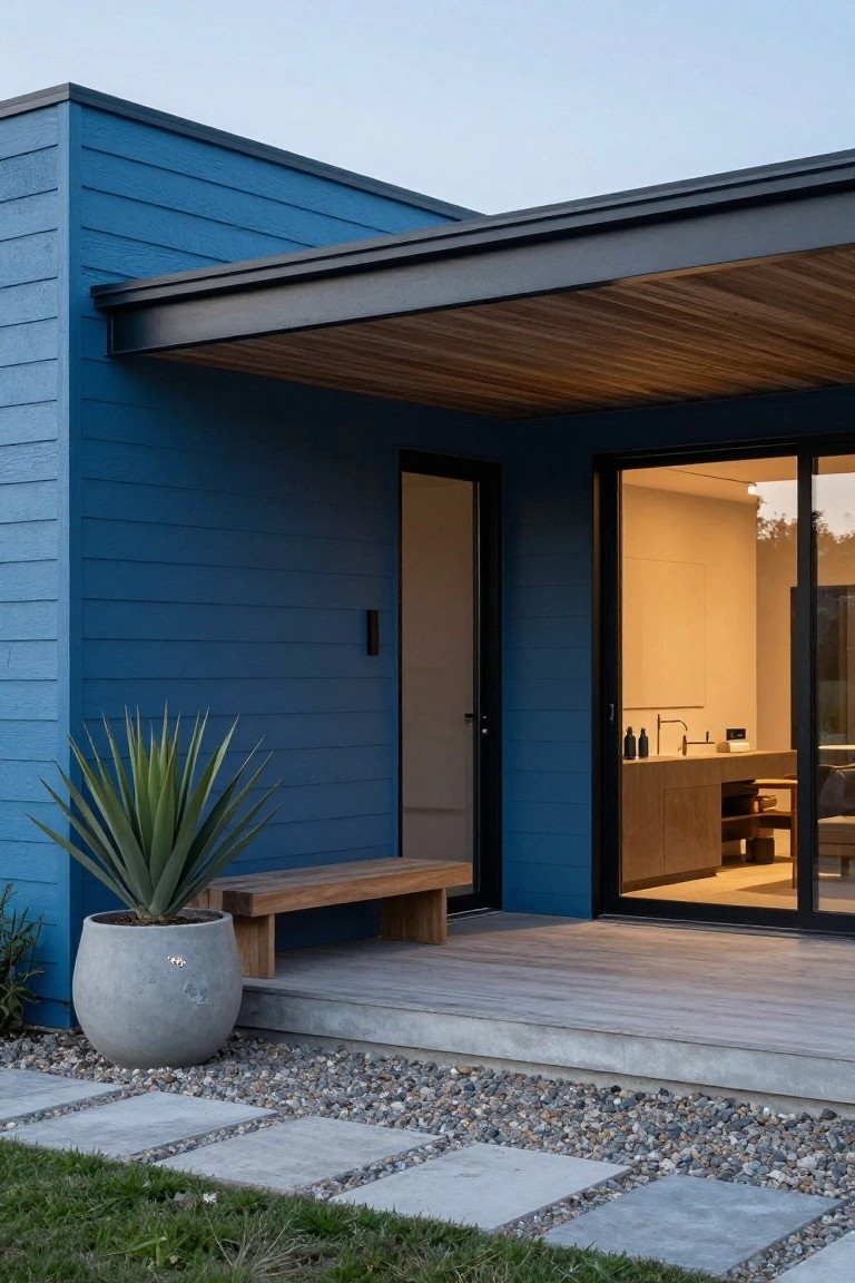 Blue clapboard house exterior with black-framed covered porch, wooden slat ceiling, entry door, sliding glass doors, wooden bench, large potted agave plant, stone pathway, gravel ground cover, and grass lawn.