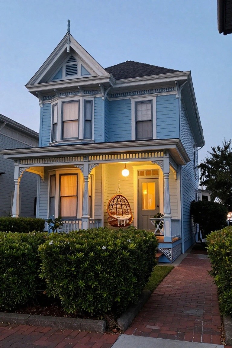 Blue Victorian-style house exterior at dusk with wraparound front porch, hanging rattan egg chair with pillows and blanket, glowing porch lantern, brick pathway, and boxwood shrubs.