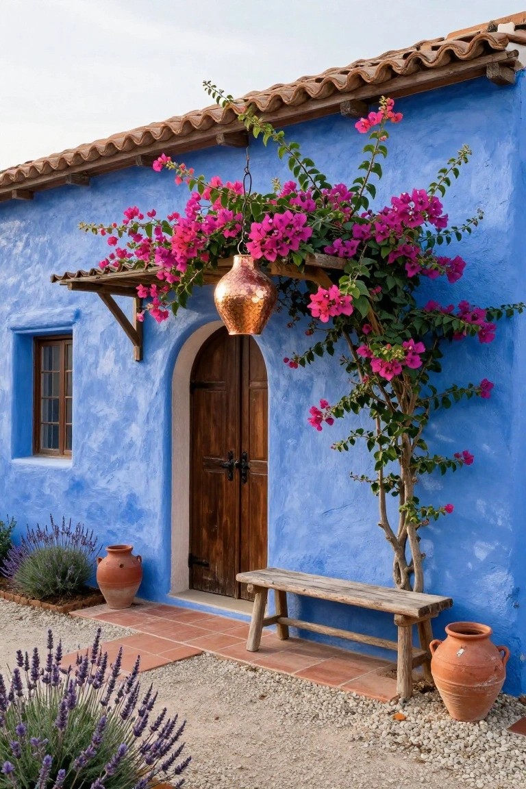 Blue stucco house facade with arched wooden door under wooden porch awning covered in pink bougainvillea vines and flowers, copper lantern hanging from awning, wooden bench, lavender plants, and terracotta pots beside gravel path.