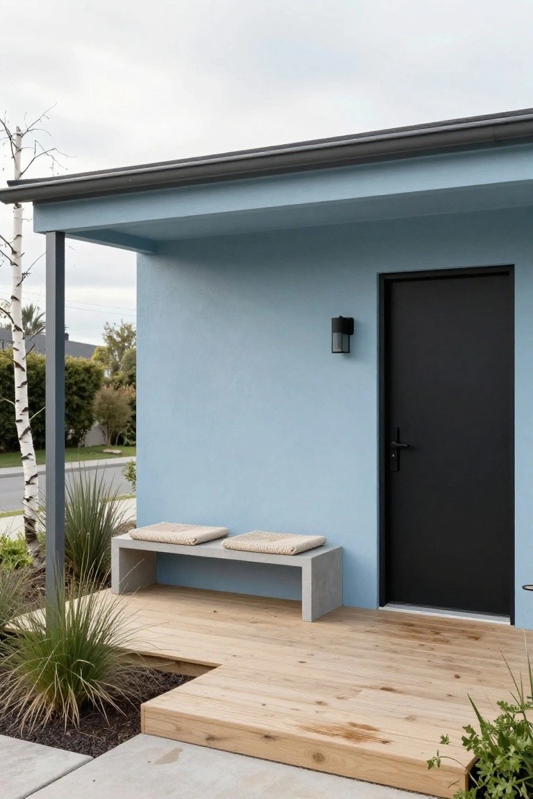 Blue painted house exterior with covered porch, black front door, concrete bench with beige cushions, wooden deck steps, and native plants in the front yard.