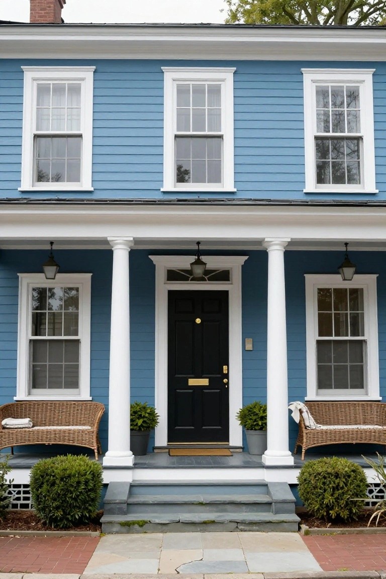 A two-story blue clapboard house with white porch columns, black front door, lanterns, wicker chairs with cushions, potted plants, boxwood shrubs, and stone steps leading to a brick walkway.