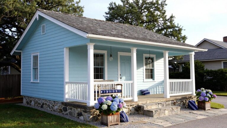 Light blue clapboard house with covered front porch, wooden bench with cushions, white columns and railings, double glass doors, stone steps, lavender plants, and large terracotta pot of hydrangeas.