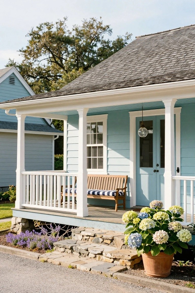 Light blue clapboard house with covered front porch, wooden bench with cushions, white columns and railings, double glass doors, stone steps, lavender plants, and large terracotta pot of hydrangeas.