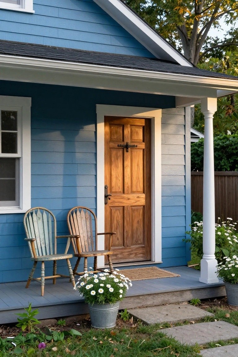 Blue clapboard house exterior featuring a prominent wooden front door on a covered porch with two wooden chairs, potted white daisies in a metal bucket, a welcome mat, and stone steps nearby.