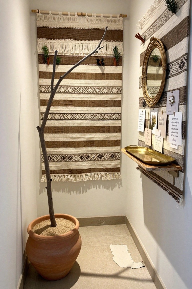 Neutral-toned walls showcase woven textiles, a mirror, and a decorative potted branch.