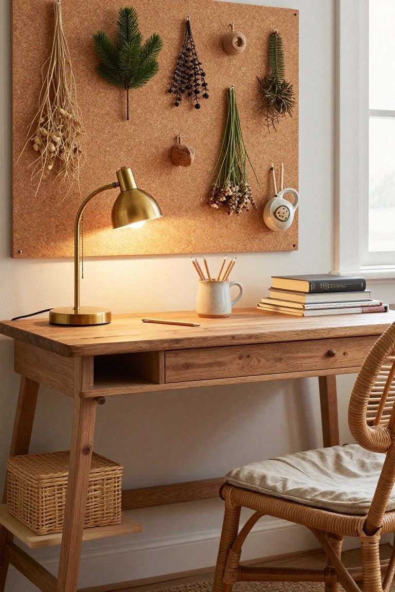 Corkboard wall with pinned dried grasses, pine branches, berries, and flowers above a wooden desk holding books, a white mug, pencils, and gold lamp, with a wicker chair nearby in a light room.