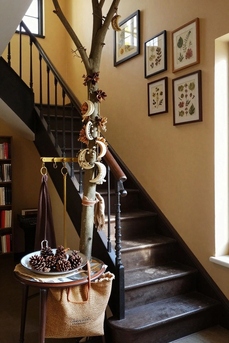 Tall natural tree trunk decorated with pinecones, shells, moons, and fabric next to a dark wooden staircase in a light beige interior with botanical prints on walls and bookshelves nearby.