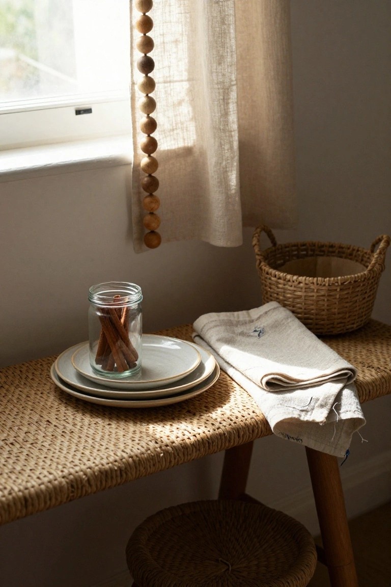 Glass jar filled with cinnamon sticks placed on stacked white plates atop a rattan bench, with a wicker basket and folded linen napkin nearby in a sunlit room with wooden beaded window curtain.