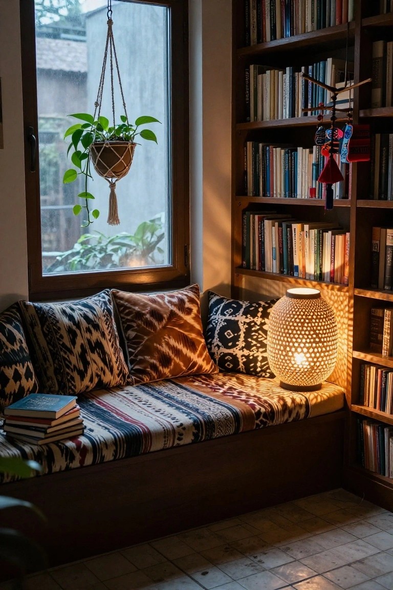 Wooden bookshelves line a cozy indoor corner with a built-in window seat covered in patterned cushions and pillows, stacked books, a woven lamp, hanging plant near a large window, and potted plants.