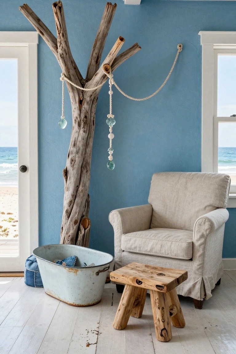 Blue interior room with tall driftwood branch decorated with white rope and blue glass orbs as a Christmas tree, beside beige armchair, wooden stool, and galvanized tub with pillows on white wood floor, ocean view through open French doors and windows.