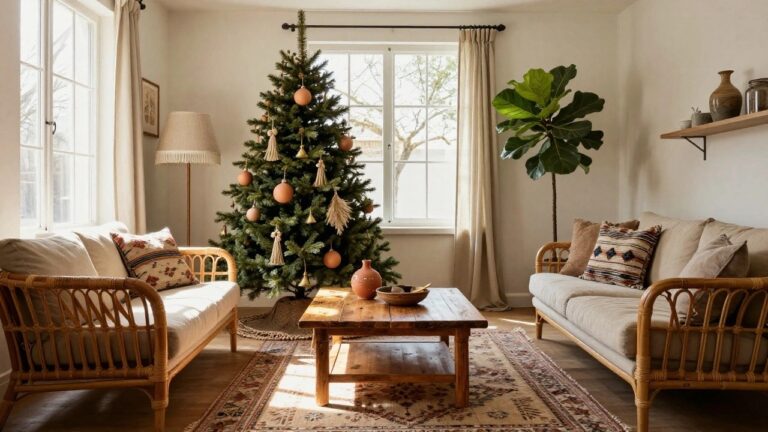 19 Boho Christmas Tree Ideas That Radiate Free-Spirited Style Living room with a small Christmas tree decorated in terracotta and gold ornaments and pampas grass, next to a rattan chair with patterned pillow, fiddle leaf fig plant, beige sofa, wooden coffee table, and layered rugs.