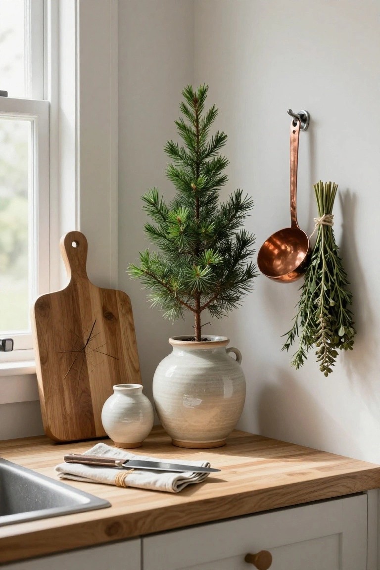 Small potted evergreen Christmas tree in white ceramic pot on wooden kitchen counter next to cutting board, knife, linen towel, and small vase, with copper ladle holding herbs hanging on white wall near sink and window.