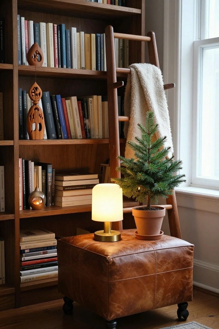 Cozy reading nook with a wooden shelf, lamp, small plant, and leather ottoman.