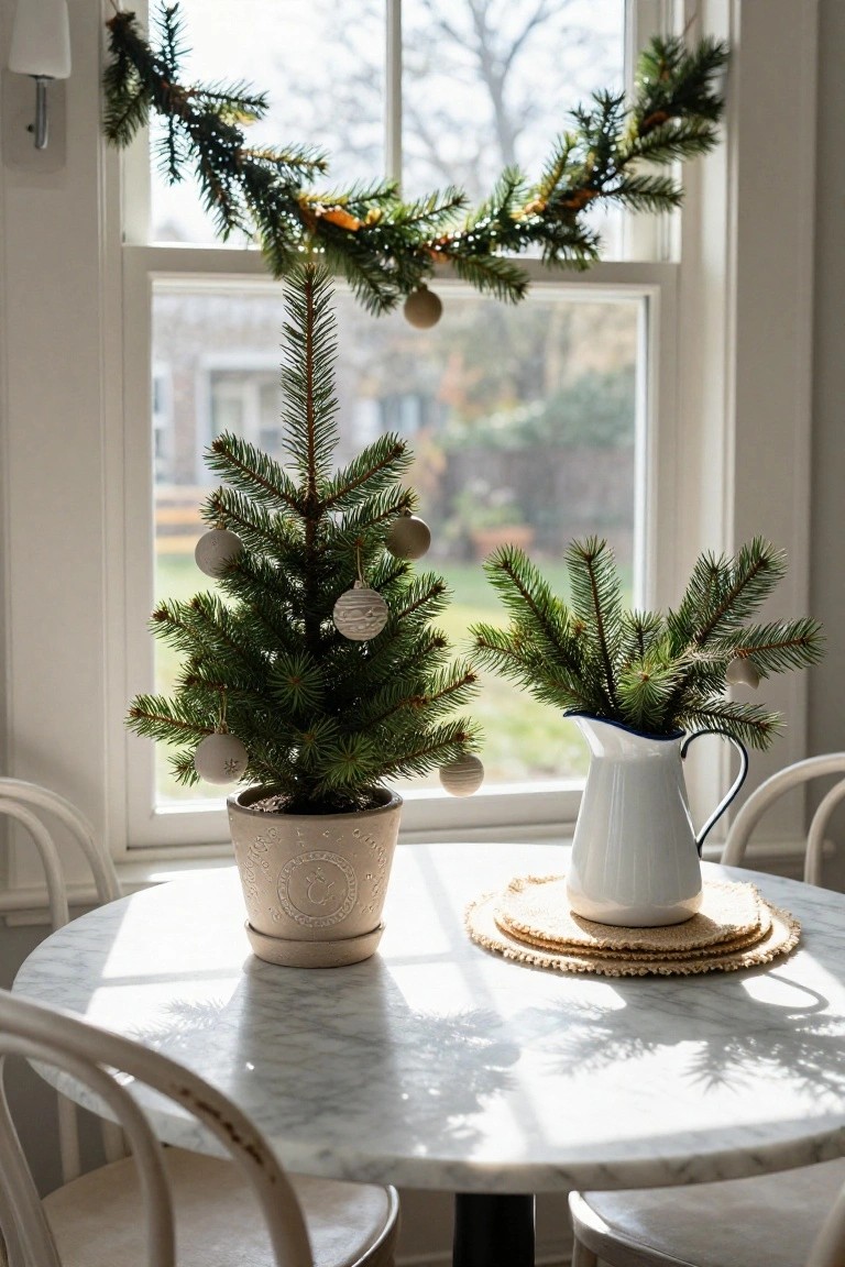 Small potted Christmas tree with beige ornaments on a white marble table by a window, next to a white pitcher of fir branches and evergreen garland above.
