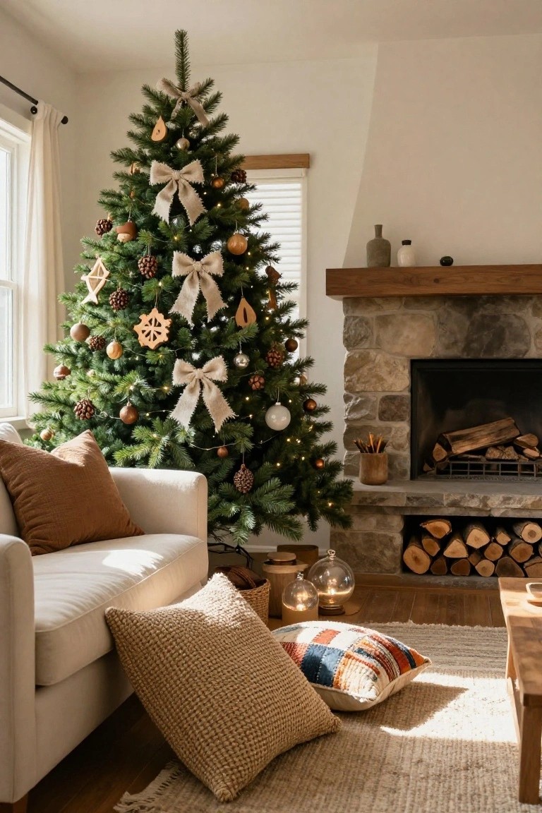 A tall Christmas tree decorated with wooden ornaments, pinecones, gold and white balls, and beige burlap ribbons stands in a living room corner beside a stone fireplace and a beige sofa with pillows.