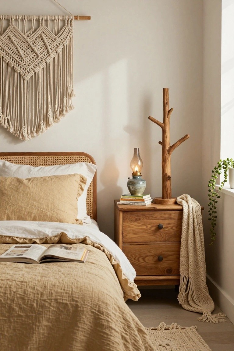 Cozy bedroom corner with rattan headboard bed draped in beige linen bedding and pillows, wooden nightstand with stacked books, blue vase, and knit throw, tall branch-shaped wooden floor lamp holding a glass lantern, macrame wall hanging above, trailing potted plant by window, and small fringed rug on wood floor.