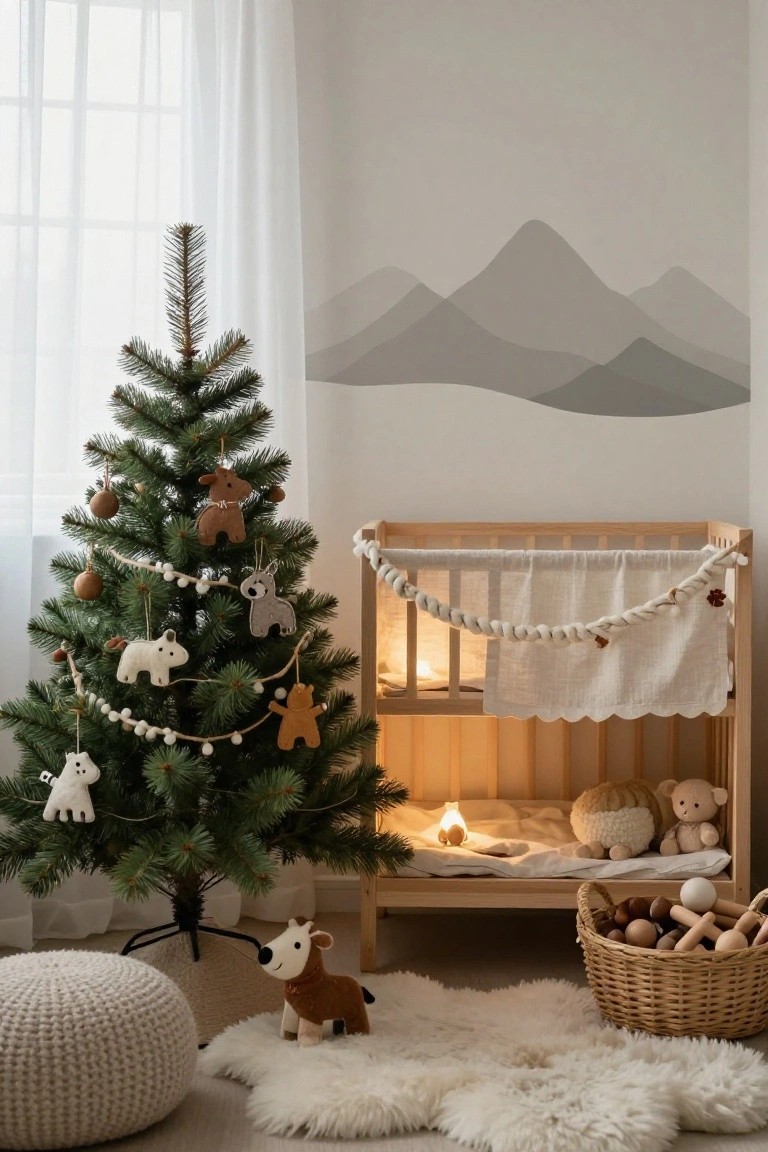 Small Christmas tree with felt animal ornaments and bead garlands next to wooden crib in neutral nursery with mountain wall mural, sheepskin rug, ottoman, and basket of wooden toys.