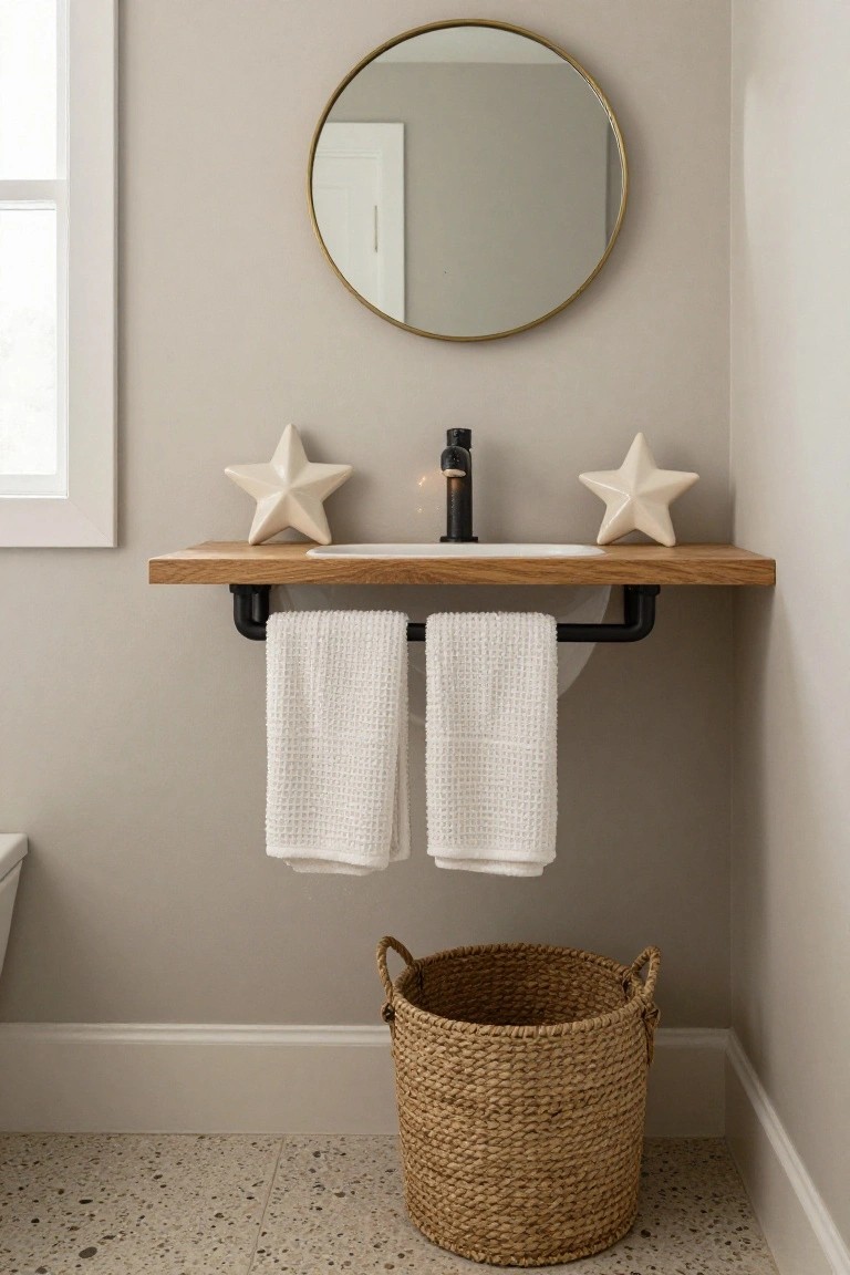 Corner bathroom with floating oak shelf vanity supported by black pipes, black faucet in white sink, two white ceramic star sculptures on shelf, two white textured towels on pipe bar, round brass mirror on greige wall, seagrass basket on terrazzo floor.