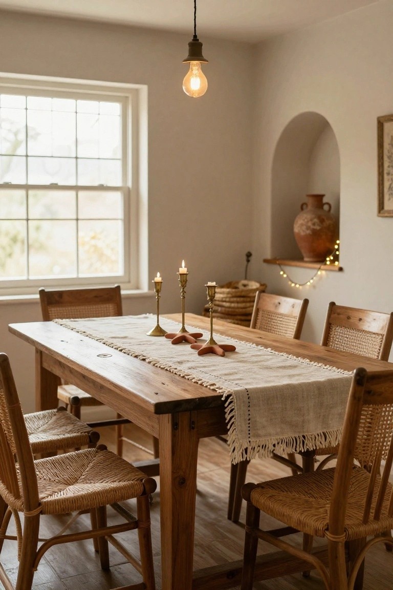 Cozy dining room with rattan chairs around a long wooden table topped by a fringed white runner, brass candlesticks with lit candles, starfish accents, arched wall niche holding a terracotta pot and fairy lights, and warm glow from a hanging Edison bulb.
