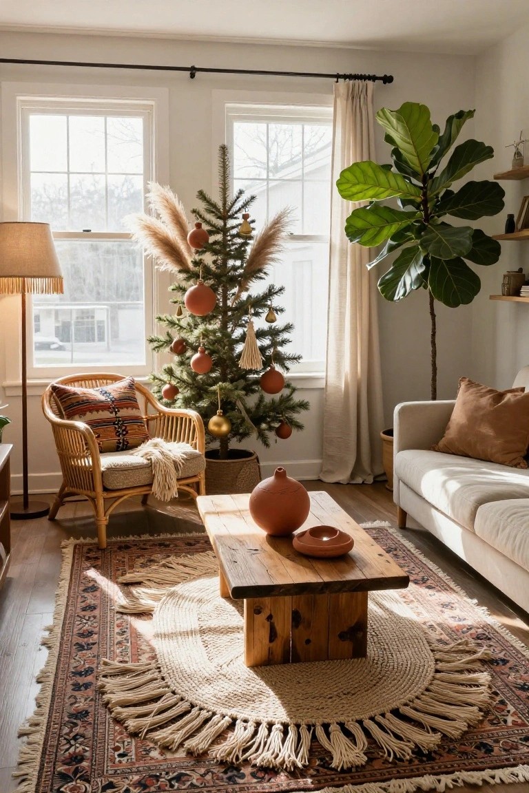 Living room with a small Christmas tree decorated in terracotta and gold ornaments and pampas grass, next to a rattan chair with patterned pillow, fiddle leaf fig plant, beige sofa, wooden coffee table, and layered rugs.