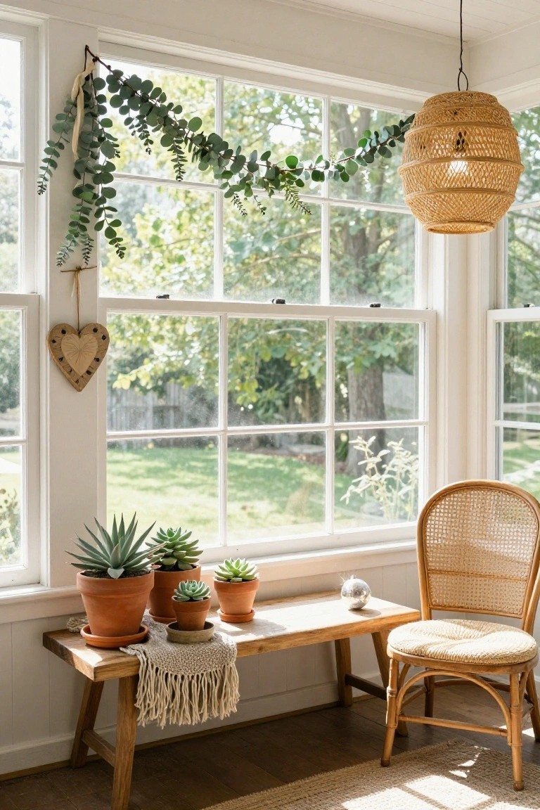 Bright sunlit room with a wooden bench, potted succulents, and woven light fixture.
