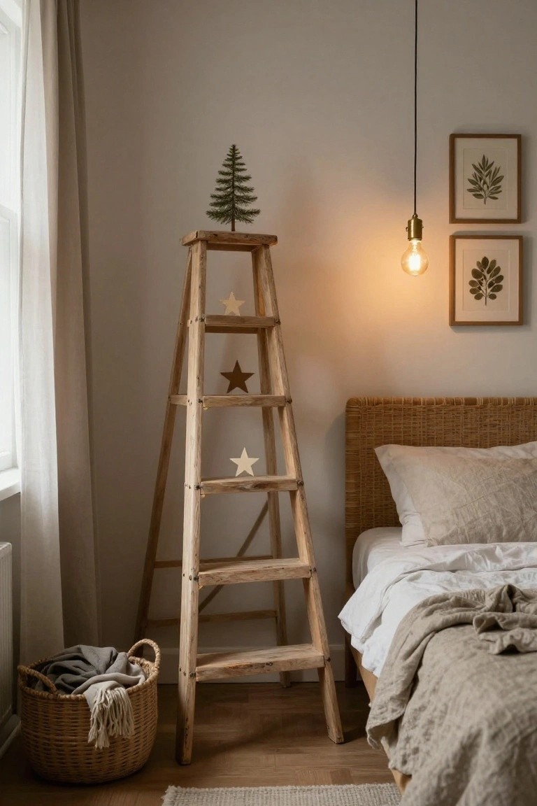 Wooden ladder decorated with white and brown stars on the rungs and a small green Christmas tree on top, standing in a bedroom next to a rattan bed with beige linens, near a window with sheer curtains.