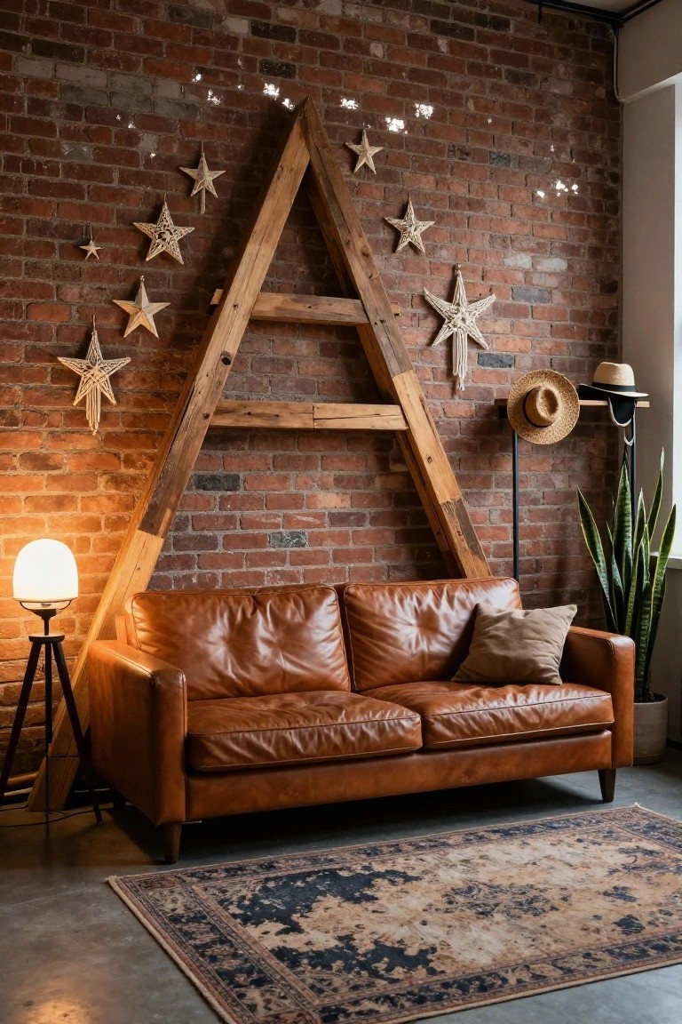 Brick-walled indoor corner featuring a tall wooden A-frame structure decorated with multiple hanging star ornaments, next to a brown leather two-seater sofa, tripod lamp, potted snake plant, hat rack, and patterned rug on concrete floor.