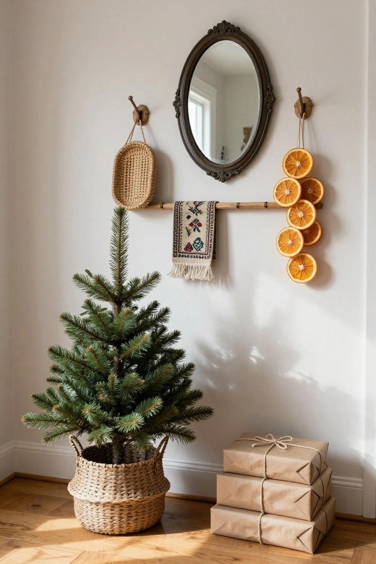Small live Christmas tree in a round woven seagrass basket on wooden floor next to stacked kraft paper gift boxes, with white wall displaying oval mirror, small woven basket, embroidered textile on rod, and hanging dried orange slices.