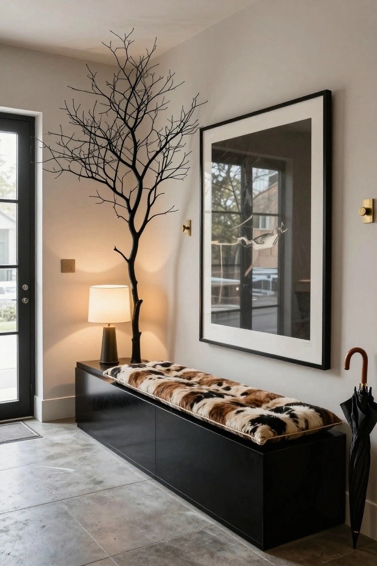Entryway corner with a tall black branch tree sculpture, black storage bench topped with brown and white fur cushion, white lamp on a table, large black-framed abstract artwork on beige wall, umbrella beside a dark door, and concrete floor.