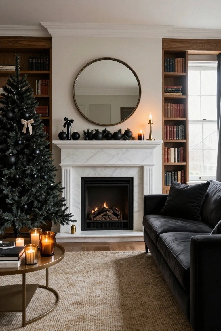 Living room with a black Christmas tree decorated in black ornaments next to a white marble fireplace with lit logs, wooden bookshelves on both sides, large round mirror above mantel, black velvet sofa, brass coffee table with candles, and beige rug.