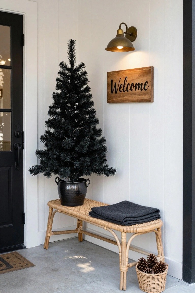 Black artificial Christmas tree in a black pot next to a rattan bench draped with a gray blanket and a basket of pinecones on a covered porch beside a black door, wooden Welcome sign on white siding, and brass wall lantern.