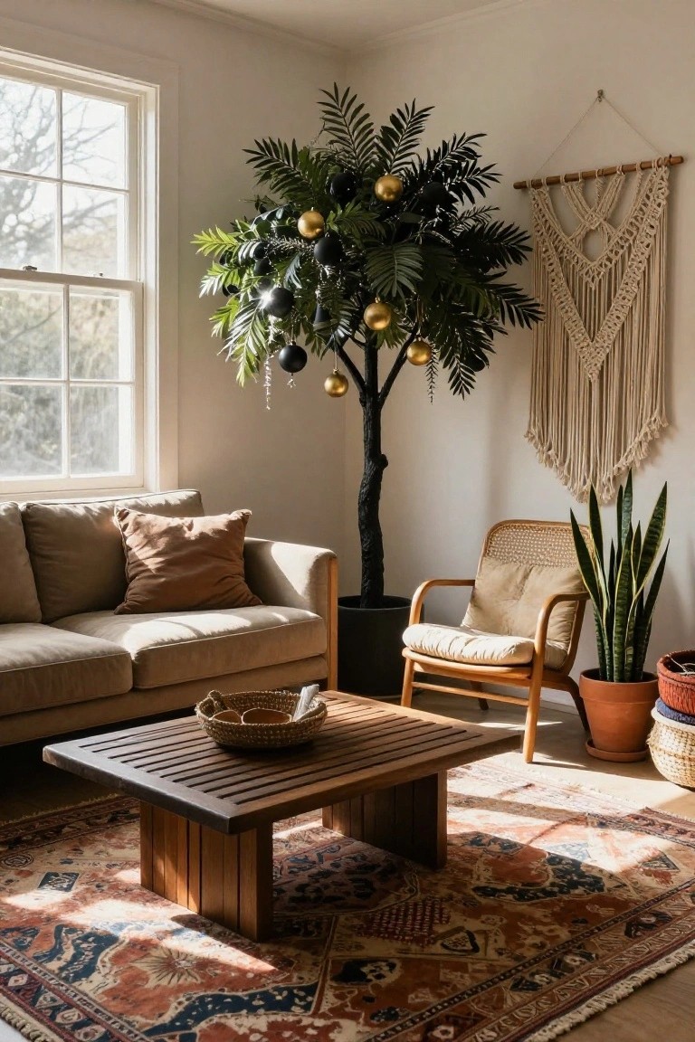 Living room corner with a tall black faux palm tree decorated with black and gold Christmas ornaments, next to a beige sofa, rattan chair, snake plant, and wooden coffee table on a patterned rug.