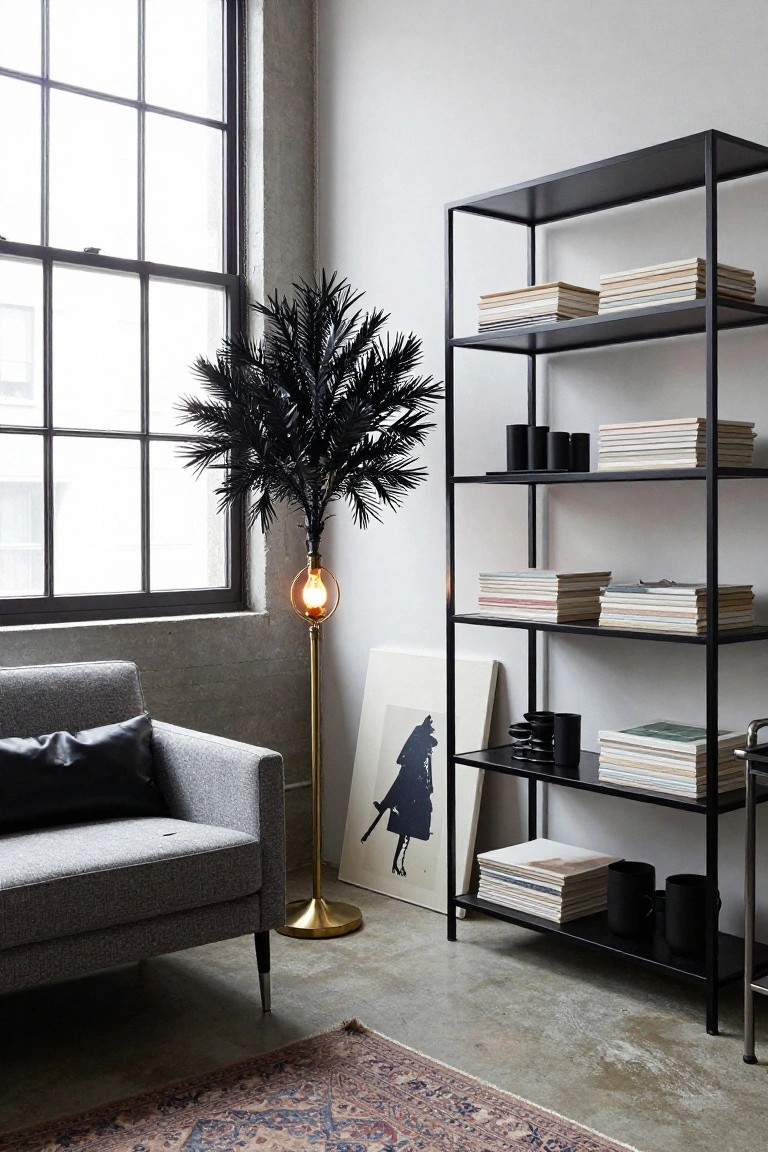 Industrial interior corner with gray armchair, black metal shelving unit holding books and black ceramics, tall black feather palm atop gold floor lamp with lit bulb, abstract black silhouette canvas, and patterned rug on concrete floor.