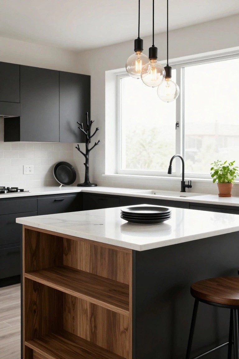 Modern kitchen interior with matte black cabinets, white quartz island featuring open walnut shelving, three black pendant lights hanging above, black faucet at the sink, and a potted herb plant on the counter near a large window.
