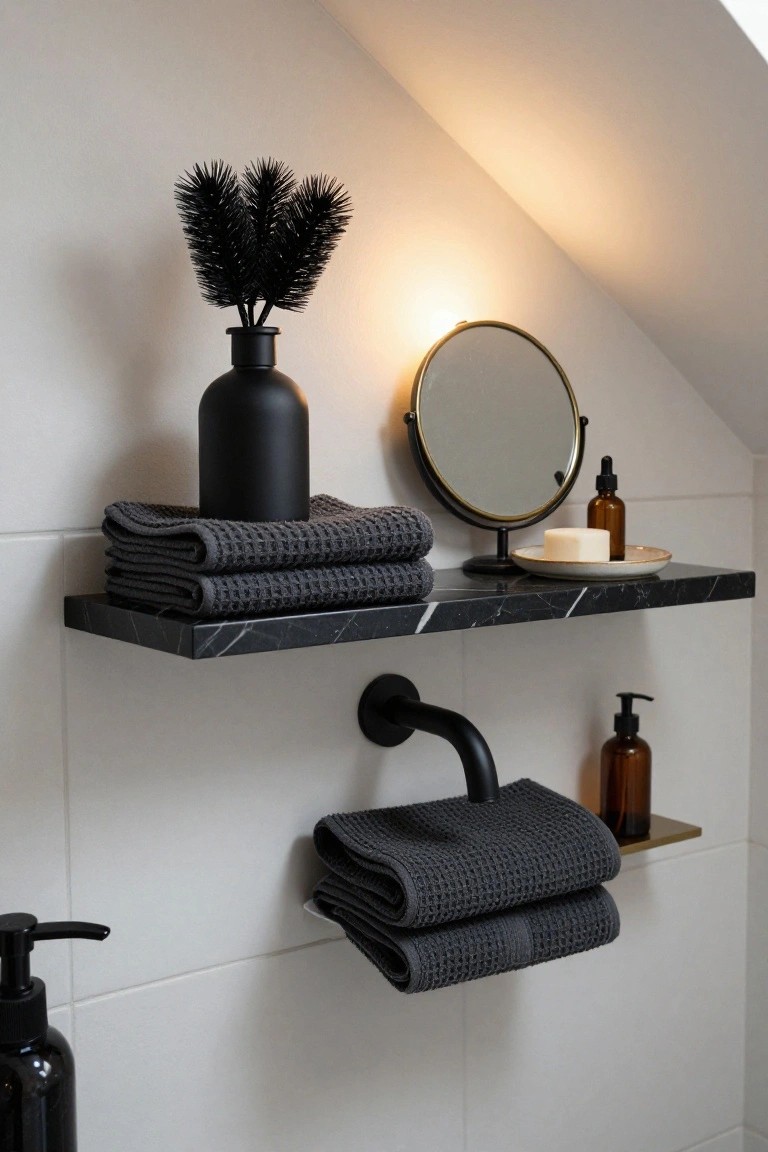 Black marble floating shelf on white tiled bathroom wall holding stacked dark gray textured towels, black matte vase with black feather branches, gold-framed round mirror, white bar soap on ceramic dish, and amber glass bottles, with black curved wall faucet, black soap dispenser, hanging gray towels, and small gold shelf below.
